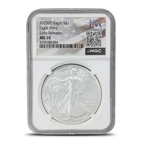 2025 (P) 1オンス イーグル プライヴィ アメリカン シルバー イーグル NGC MS70 ER - JM 地金ラベル｜WORLD RESOURCE【KING店】