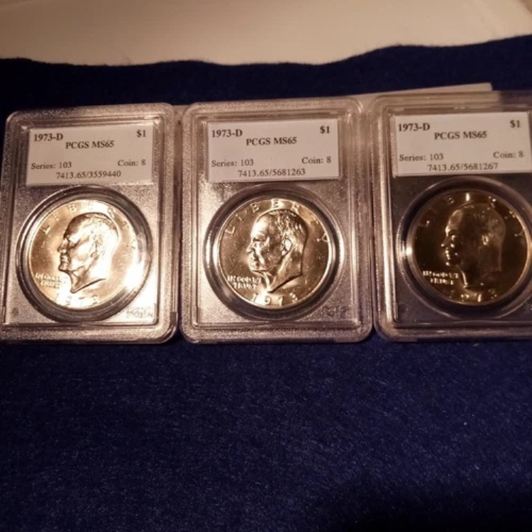 1973-D PCGS MS65 アイゼンハワー ドル 3 枚セット (番号 3559440、5681263、5681267)