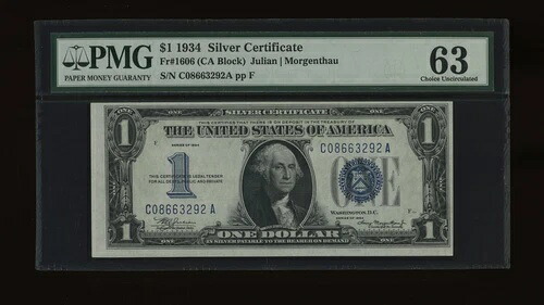 DBR 1934 $1 シルバー ファニーバック Fr. 1606 CA ブロック PMG 63 シリアル C08663292A|WORLD RESOURCE【KING店】