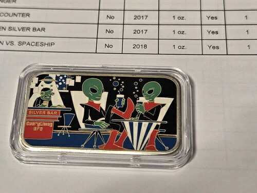 EVERYTHING UFO 1オンス 999 シルバー エイリアン シルバーバー。エナメルアートバー