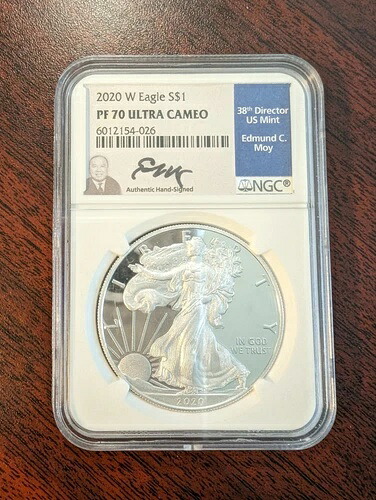 2020 W プルーフ シルバー イーグル $1 PF 70 ウルトラカメオ NGC エドマンド・モイ 直筆サイン入り ブルー L