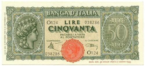 50 リラ イタリア トゥリータ テスティーナ 1944 年 10 月 12 日 FDS-/FDS