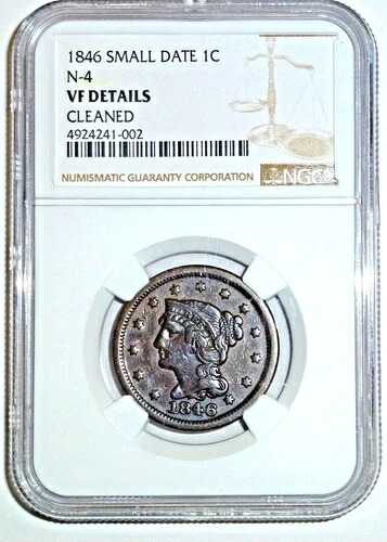 1846 年 Small Date LARGE CENT N-4 VF 詳細、日付が再刻印されています。