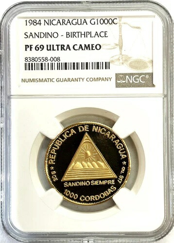 1984 ゴールド ニカラグア 1000 コルドバス サンディーノ コイン NGC プルーフ 69 UC 1000 鋳造