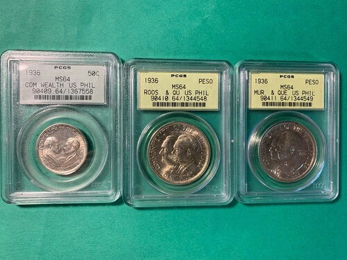 アメリカ・フィリピン 1936-M コモンウェルス記念セット、50セント、ペソ&ペソ、PCGS MS 64 OGH