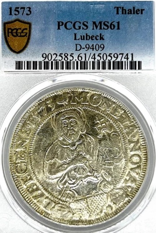 ドイツ諸州リューベック 1573 ターラーコイン ターラー PCGS MS 61 VZ/F.STG UNC レア トップポップ
