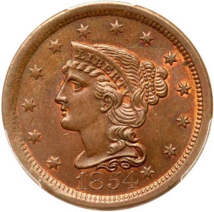 1854 N-19 R-3 PCGS MS 63 BN CC#2 編み込みヘア ラージセントコイン 1セント