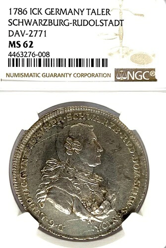 ドイツ シュヴァルツブルク - ルドルシュタット州 1786 ターラー コイン Thaler NGC MS 62 VZ/STG レア