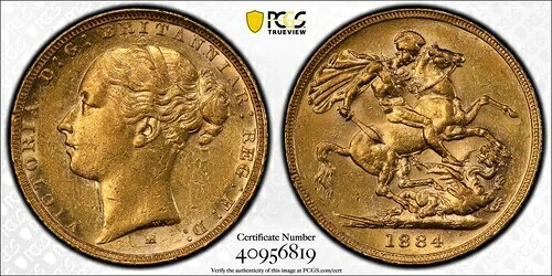 1884年 オーストラリア メルボルン造幣局 ゴールドソブリン レア BPなし ヴァリエ - PCGS グレード AU58