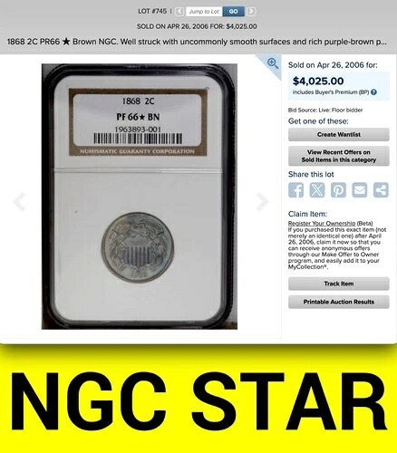 1868 NGC PR66* STAR こちらのスラブは年利4,025ドル！600枚鋳造プルーフ2セント STAR 2c