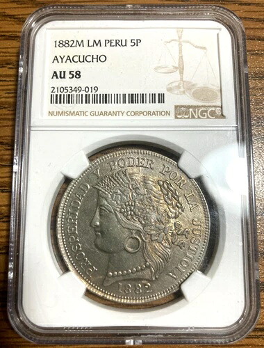 1882 ペルー 5 ペセタス アヤクチョ NGC AU58 1880 1881 シンコリマ レアレス パセタス チリ