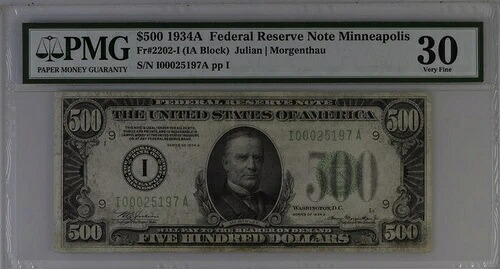 アメリカ / USA 500ドル 1934A FR2202-I VF - ミネアポリス、ミネソタ州 / PMG 30