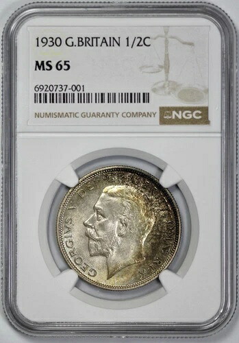 1930年 イギリス 銀貨 1/2C ハーフクラウン NGC MS 65