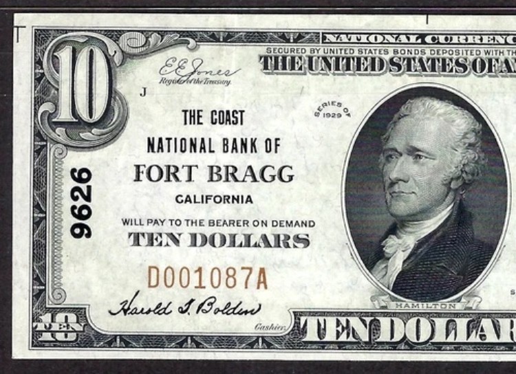 ????CA 1929 $10 ??カリフォルニア州フォートブラッグ?? THE COAST NB、PMG AU 53 EPQ 最も有名!