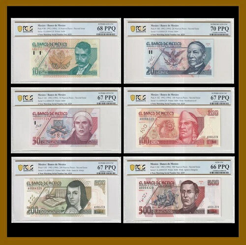 セット、メキシコ 10 20 50 100 200 500 ヌエボス ペソ、1992 P-99-104 #4329 トップ ポップ PCGS