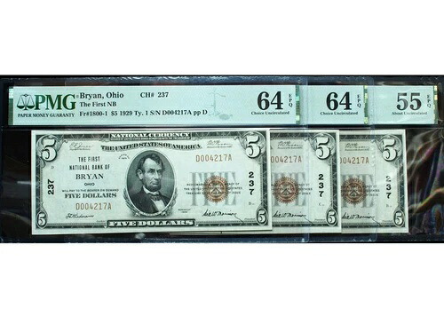 3x 同一シリアル 1929 First National Bank of Bryan Ch# 237 PMG 64 EPQ & 55