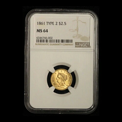 1861年 2.50ドル ゴールド リバティ クォーターイーグル - タイプ2 - NGC MS64 - 送料無料（米国）