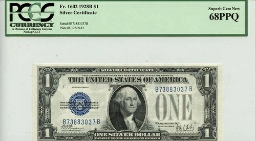 1928B 1ドル銀貨証明書 ブルーシール FR#1602 PCGS スーパーブジェム 68 PPQ｜WORLD RESOURCE【KING店】 857,780円