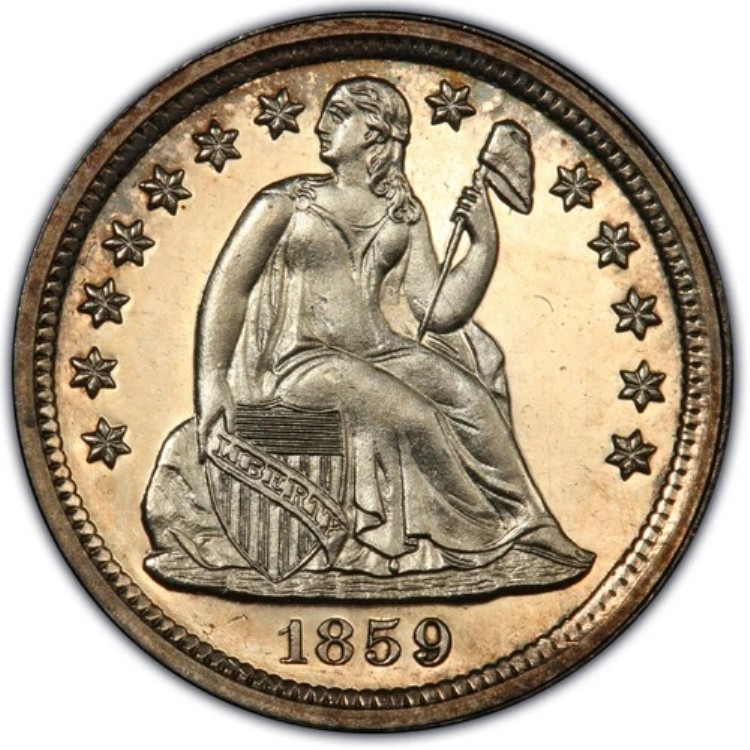 1859年 10セント リバティ・シーテッド・ダイム PCGS PR64CAM。来歴あり。