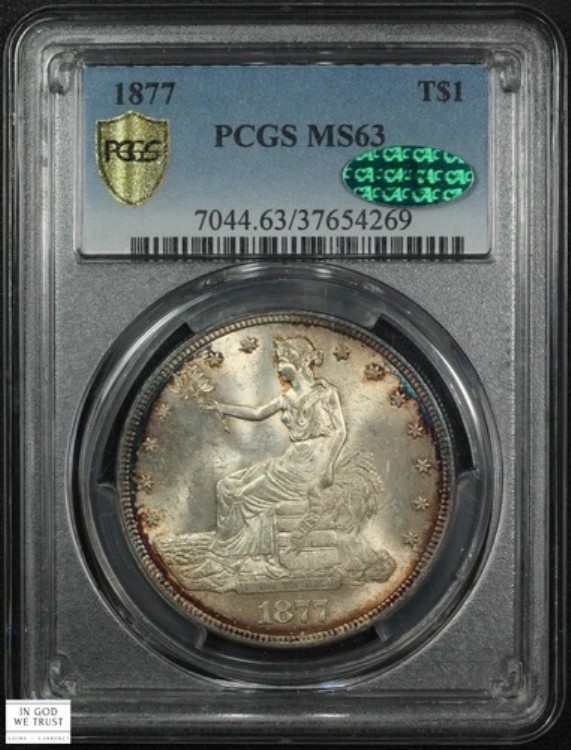 1877 年 貿易銀貨 $1 PCGS MS 63 CAC (トーン付き!!)