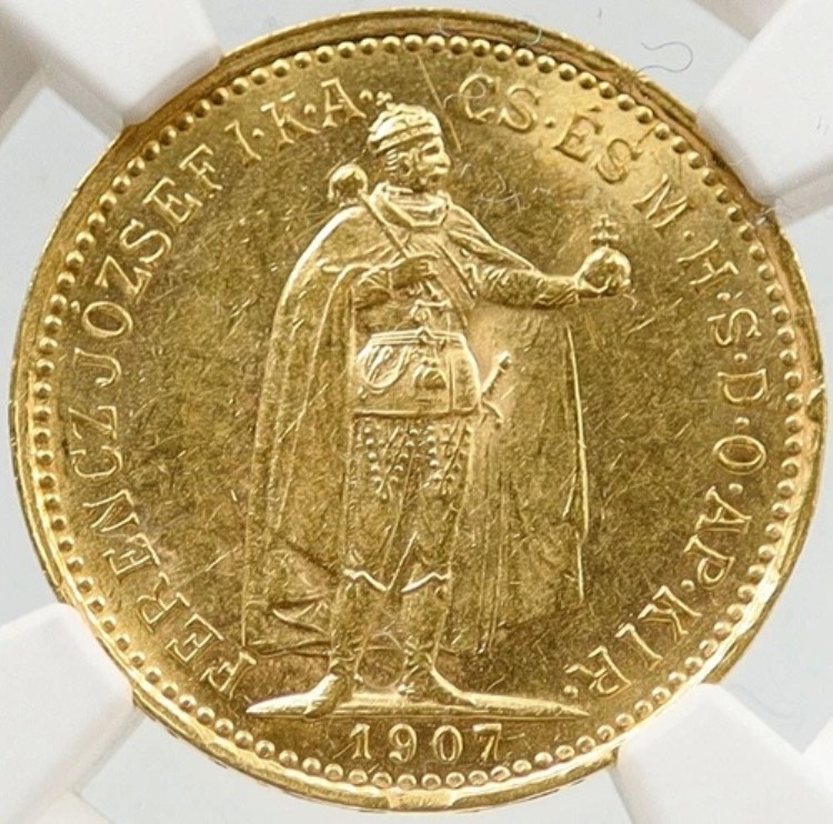 1907年 ハンガリー フランツ・ヨーゼフ1世 アンティーク 10コロナ金貨 NGC i119714｜WORLD RESOURCE【KING店】