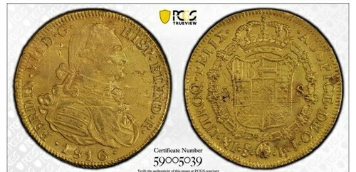 1816年 SO AJ チリ 8エスクード金貨 PCGS AU