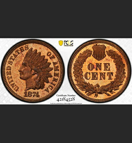 1874年 PCGS PR66RB 700枚鋳造、1870年から現在までの最低額プルーフ1C - 1Cキーインディアンセント｜WORLD RESOURCE【KING店】