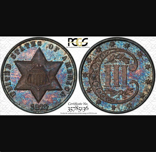 1872年 PCGS PR66 発行枚数 1,000枚 + 950プルーフ \u003d 最低価格の3セント銀貨 - 年利 3,840ドル