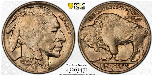 1918年 Dニッケル インディアンヘッドまたはバッファロー PCGS MS-64 CAC
