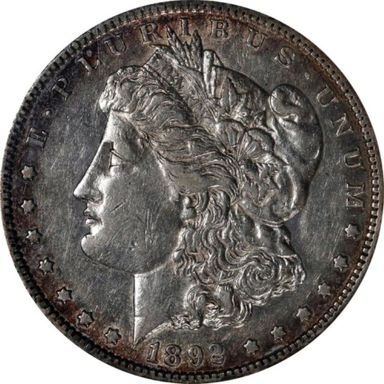 1892年製モルガン銀貨(S)、NGC AU-50グレード。周辺部の色調は良好。|WORLD RESOURCE【KING店】