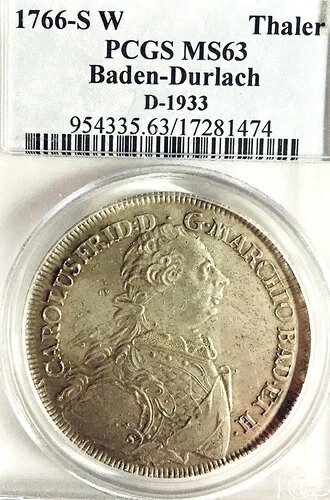 ドイツの州バーデン - ダーラッハ 1766 SW ターラー コイン ターラー PCGS MS 63 F.STG/STG UNC｜WORLD RESOURCE【KING店】