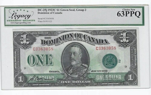 1923年 カナダ自治領 $1 DC-25j Gr.2 グリーンシール SN# C-3363058 レガシー 63 PPQ