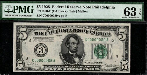 1928年 $5 FRN C00000089A P.M.G #63EPQ