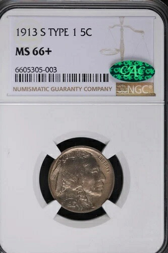 1913 S タイプ 1 バッファローニッケル NGC MS66+ グリーン CAC ブック $3,750 2200-37 739,585円