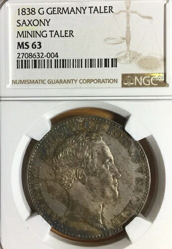 ドイツ諸州ザクセン 1838G 鉱業ターレルコイン NGC MS63 F.STG/STG ターレル UNC 希少