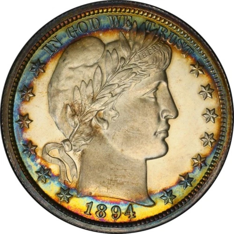 1894 年プルーフ バーバー ハーフ ドル PCGS PR64、素晴らしい周辺トーン、目を惹く!