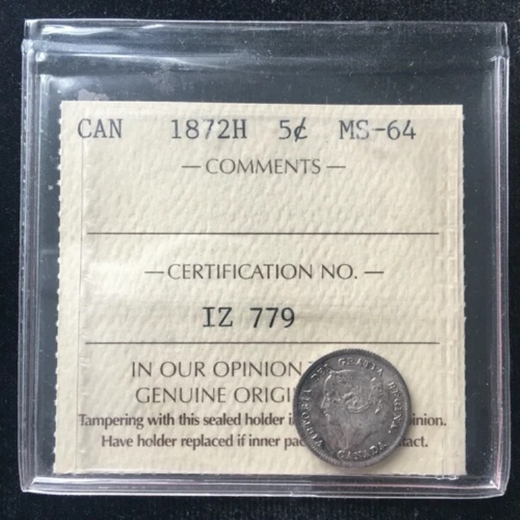 1872H ICCSグレードカナダ、5セント、**MS-64** #IZ 779