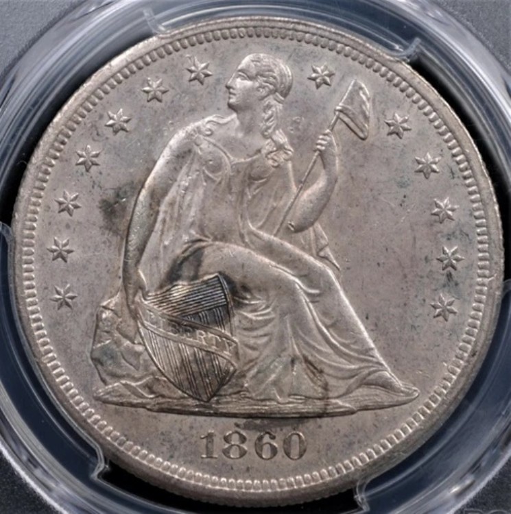 1860 O 座像リバティドル PCGS MS 61 全面打刻銀色表面一部