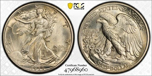 1933年 S ウォーキング・リバティ ハーフダラー PCGS MS 64 滑らかでよく打たれており光沢あり