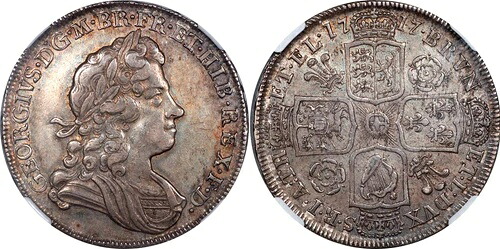 イギリス 1717年 ジョージ1世 銀貨 1/2クラウン TIRTIOエッジ NGC AU-53