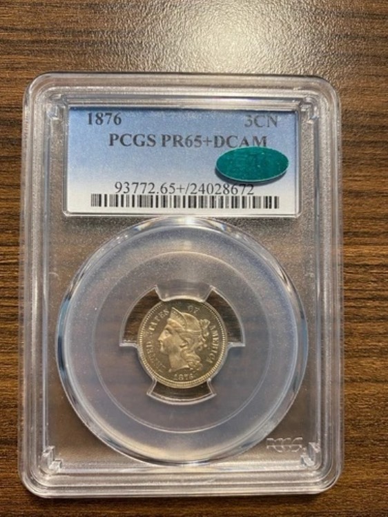 1876-P 3セントニッケル 3CN PCGS プルーフ PF PR 65 ディープカメオ (DCAM) CAC 希少