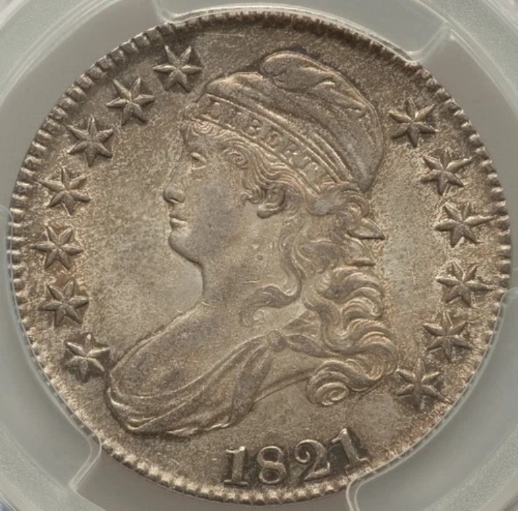 キャップド バスト ハーフ ドル 1821 PCGS AU-58 CAC、O-103a、希少度 4、初期ダイ ステート!