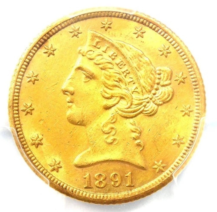 1891-CC リバティゴールドハーフイーグル5ドルコイン - PCGS 未流通詳細 (UNC MS)