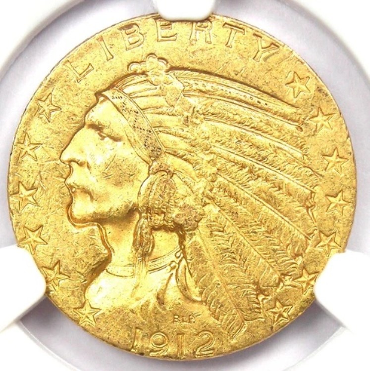 1912-S インディアンゴールドハーフイーグル5ドルコイン。NGC MS61 BU UNC - サンフランシスコ発行の希少コイン