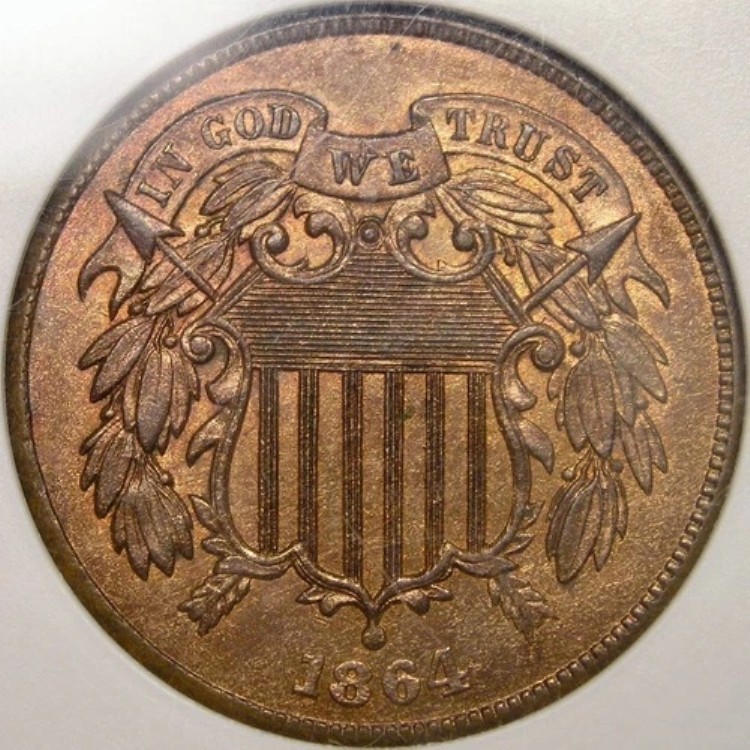 1864年 2セント 非常に希少 FS-001.8 リバース インディアンヘッド クラッシュ & QPD ANACS MS 64 RB