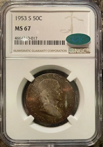 1953年 S フランクリン シルバー ハーフドル コイン NGC MS67 CAC