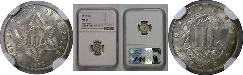 1862年 銀貨3セント NGC MS-67