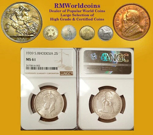 南ローデシア 1939年 2シリング 希少キーデート、NGC 61、最高グレード、NGC/PCGS
