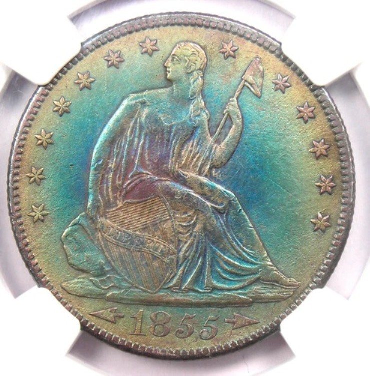 1855-S アローズ シーテッド リバティ ハーフダラー 50セント - NGC AU 詳細認定 - 希少