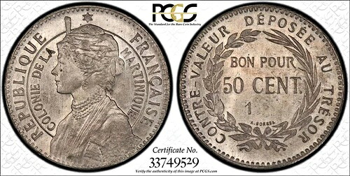 マルティニーク - 1(897) 50セント ESSAI KM#E2 PCGS SP 65 ゴールドシールド